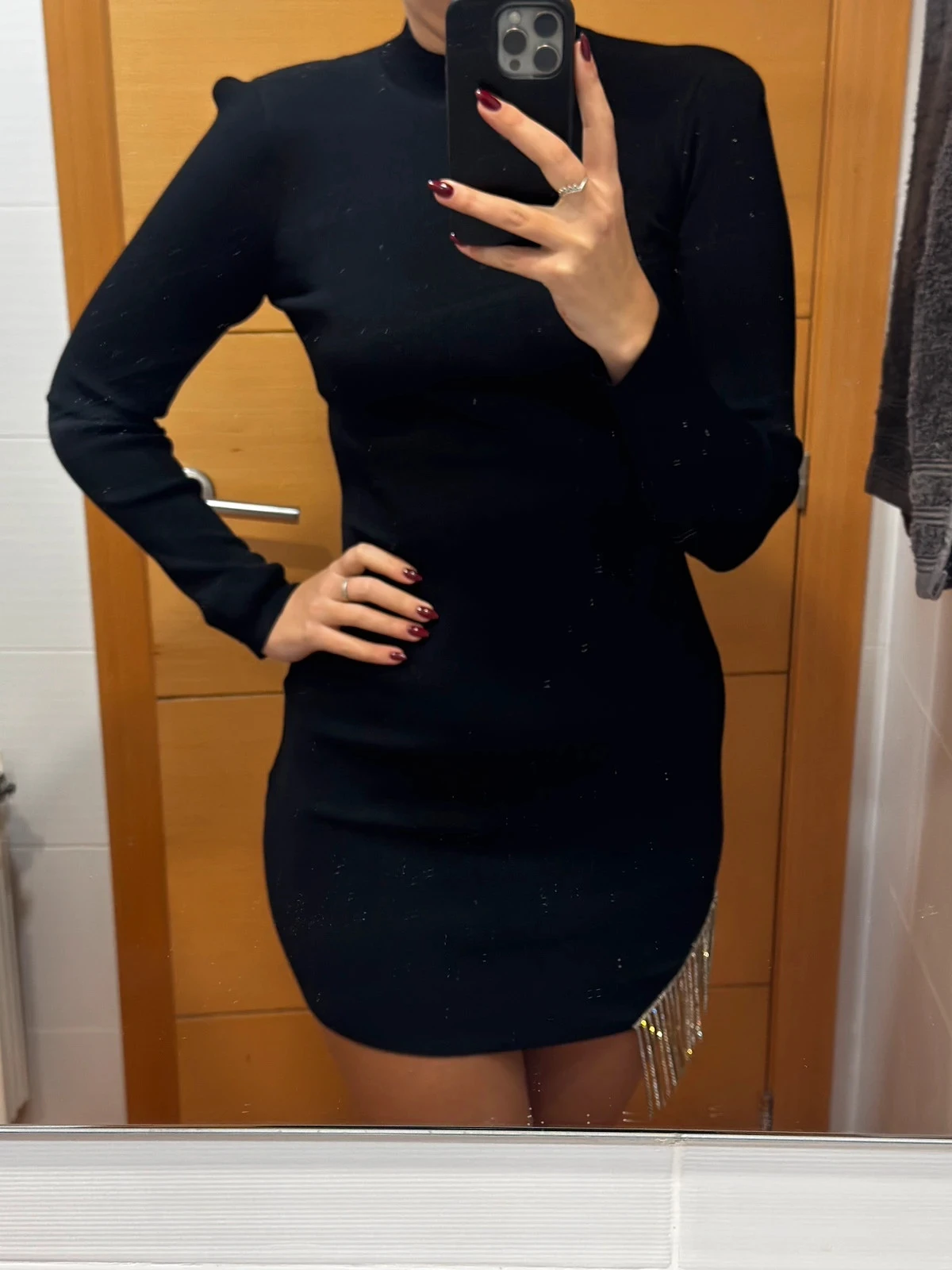 vestido negro Bershka fiesta - detalle flecos strass - talla m - NUEVO